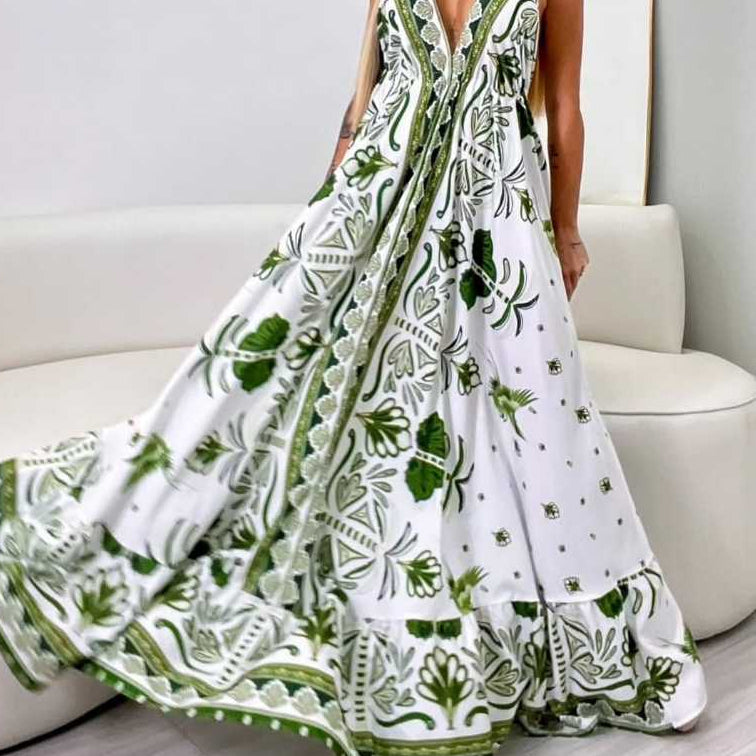 Vestido Longo Feminino de Amarrar Alça Fina Decote V Costas Aberta Estampado Inspiração Indiana