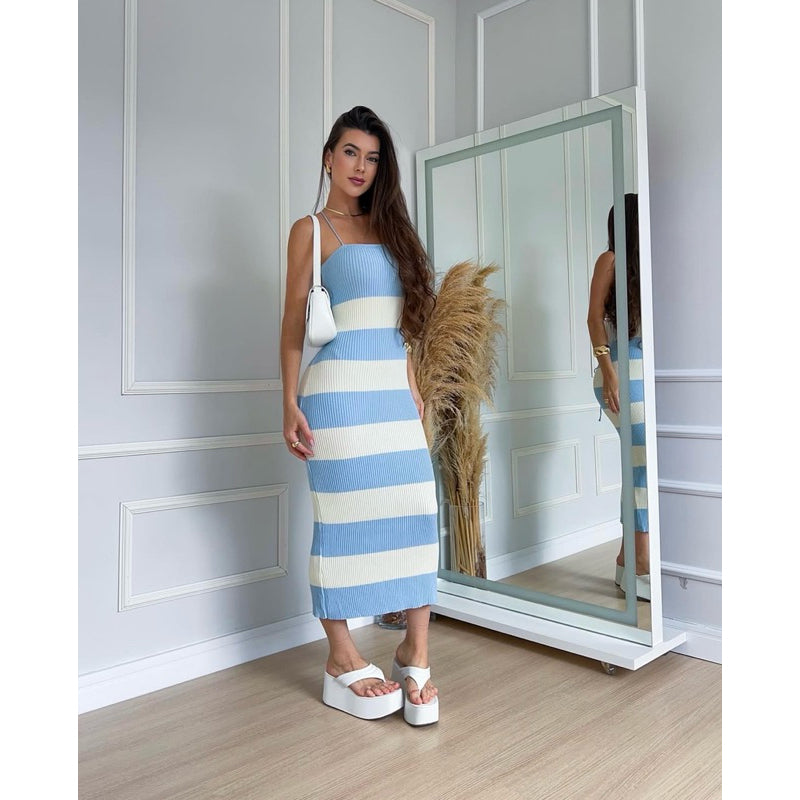 Vestido Feminino Midi Tricot Listrado com Alças Finas e Amarração nas Costas Sofisticação Verão Cod:505