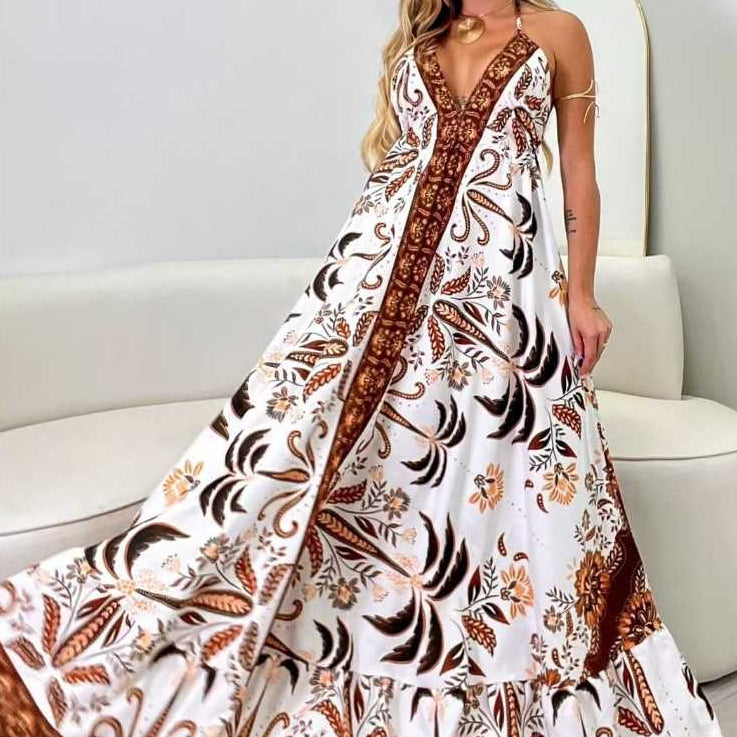 Vestido Longo Feminino de Amarrar Alça Fina Decote V Costas Aberta Estampado Inspiração Indiana