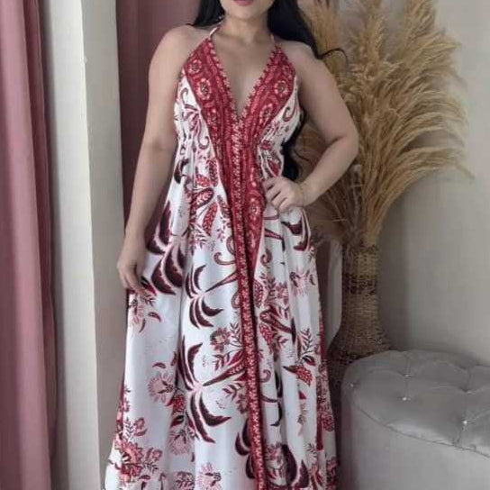 Vestido Longo Feminino de Amarrar Alça Fina Decote V Costas Aberta Estampado Inspiração Indiana