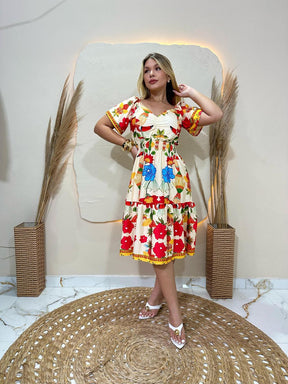 Vestido curto Feminino Midi Estampado Boho Chic com Babados – Elegância e Conforto vestido verão 2025,