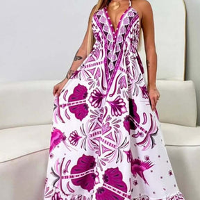 Vestido Longo Feminino de Amarrar Alça Fina Decote V Costas Aberta Estampado Inspiração Indiana