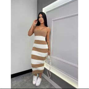 Vestido Feminino Midi Tricot Listrado com Alças Finas e Amarração nas Costas Sofisticação Verão Cod：505