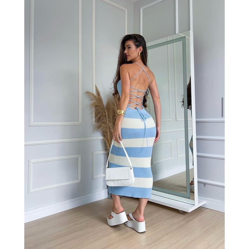 Vestido Feminino Midi Tricot Listrado com Alças Finas e Amarração nas Costas Sofisticação Verão Cod：505