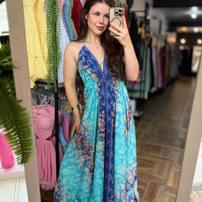 Vestido Longo Feminino de Amarrar Alça Fina Decote V Costas Aberta Estampado Inspiração Indiana