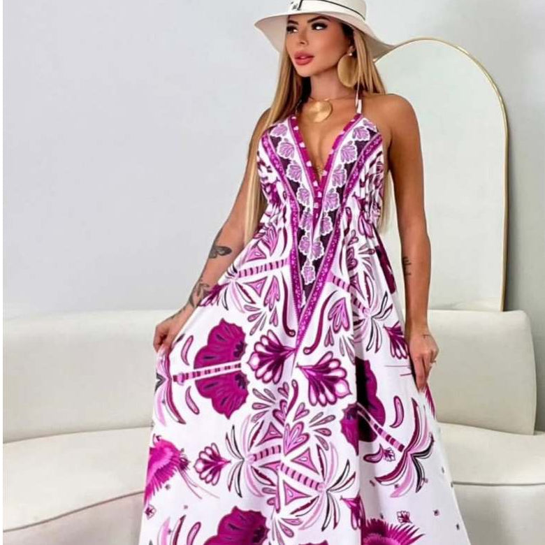 Vestido Longo Feminino de Amarrar Alça Fina Decote V Costas Aberta Estampado Inspiração Indiana