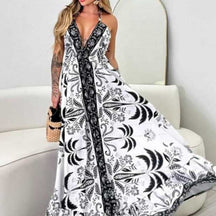 Vestido Longo Feminino de Amarrar Alça Fina Decote V Costas Aberta Estampado Inspiração Indiana