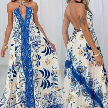 Vestido Longo Feminino de Amarrar Alça Fina Decote V Costas Aberta Estampado Inspiração Indiana