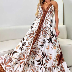 Vestido Longo Feminino de Amarrar Alça Fina Decote V Costas Aberta Estampado Inspiração Indiana
