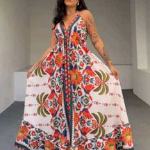 Vestido Longo Feminino de Amarrar Alça Fina Decote V Costas Aberta Estampado Inspiração Indiana
