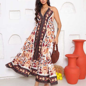 Vestido Longo Feminino de Amarrar Alça Fina Decote V Costas Aberta Estampado Inspiração Indiana