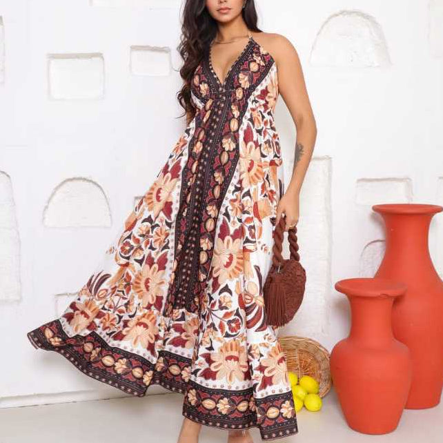 Vestido Longo Feminino de Amarrar Alça Fina Decote V Costas Aberta Estampado Inspiração Indiana