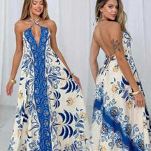 Vestido Longo Feminino de Amarrar Alça Fina Decote V Costas Aberta Estampado Inspiração Indiana